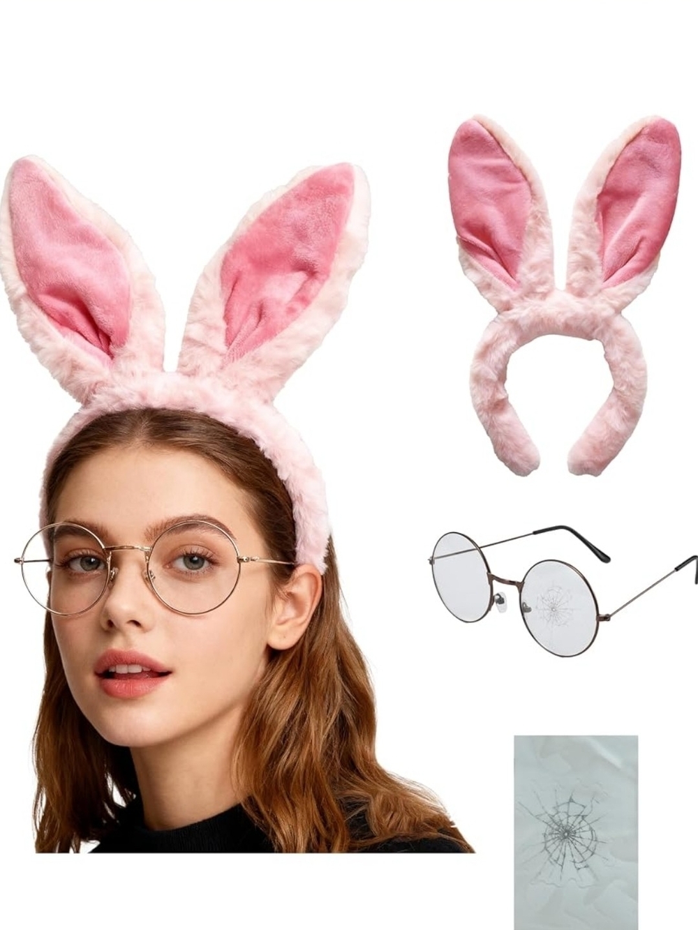 ICHIHSUE 3pc Pink Bunny Rabbit Ear Headband Cosplay Prop with Glasses